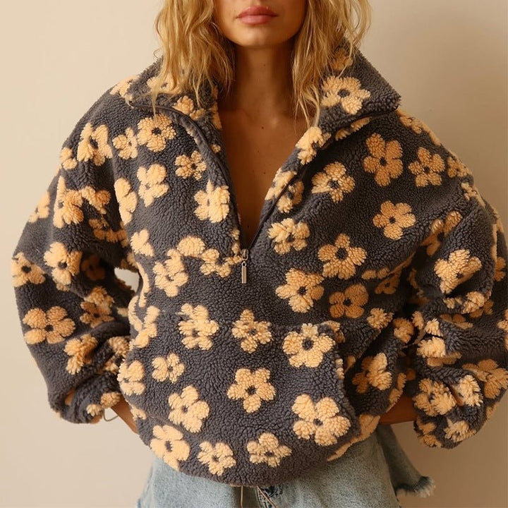 Mae | Women's Oversized Floral Teddy Fleece Half-Zip Jumper