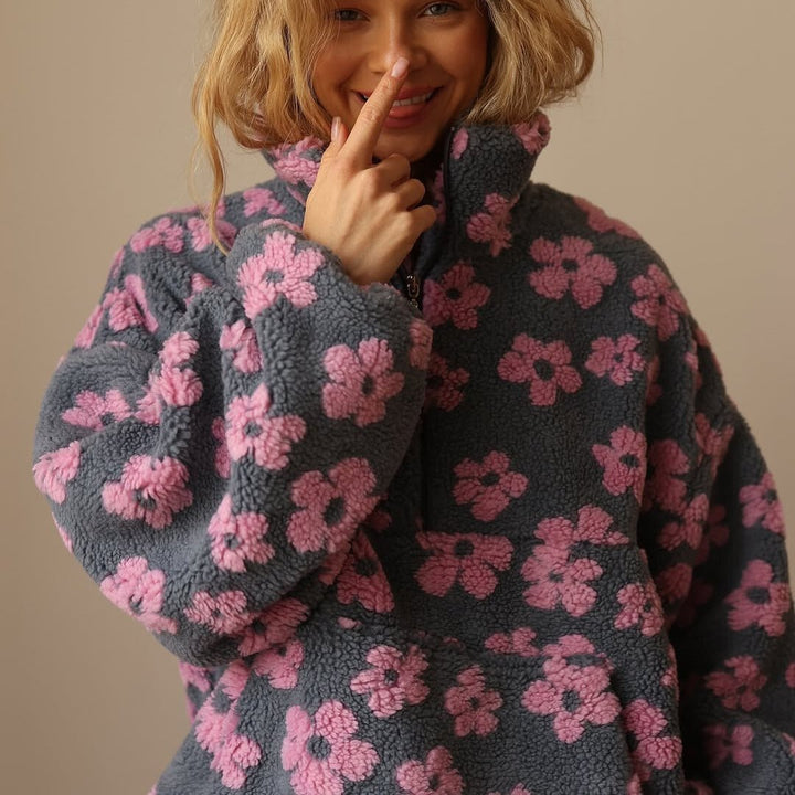 Mae | Women's Oversized Floral Teddy Fleece Half-Zip Jumper