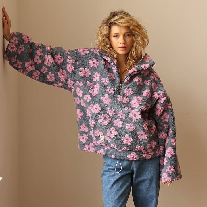 Mae | Women's Oversized Floral Teddy Fleece Half-Zip Jumper