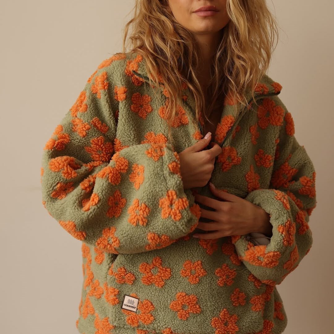 Mae | Women's Oversized Floral Teddy Fleece Half-Zip Jumper