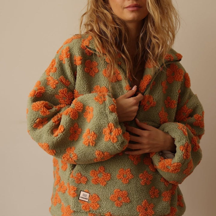 Mae | Women's Oversized Floral Teddy Fleece Half-Zip Jumper