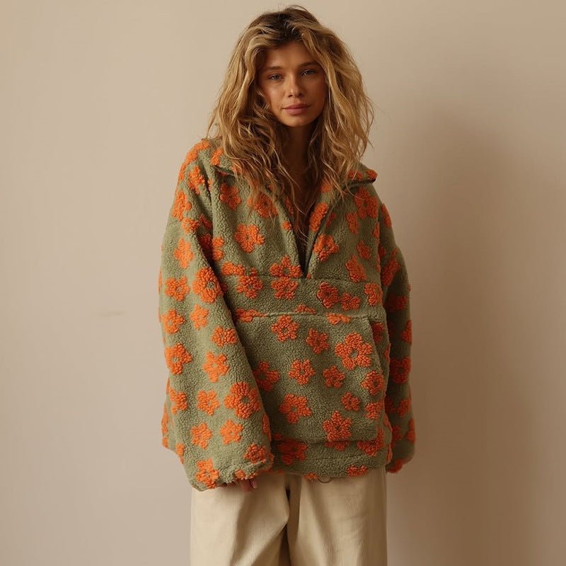 Mae | Women's Oversized Floral Teddy Fleece Half-Zip Jumper