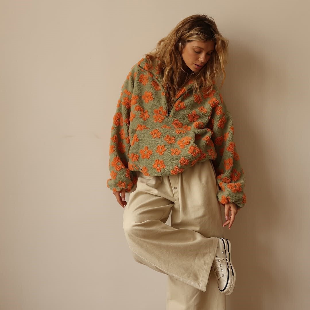 Mae | Women's Oversized Floral Teddy Fleece Half-Zip Jumper