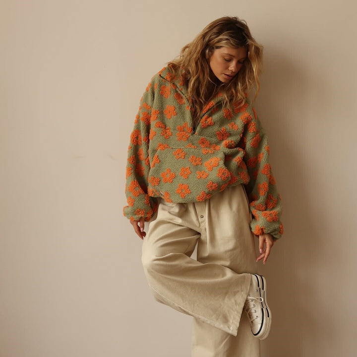 Mae | Women's Oversized Floral Teddy Fleece Half-Zip Jumper
