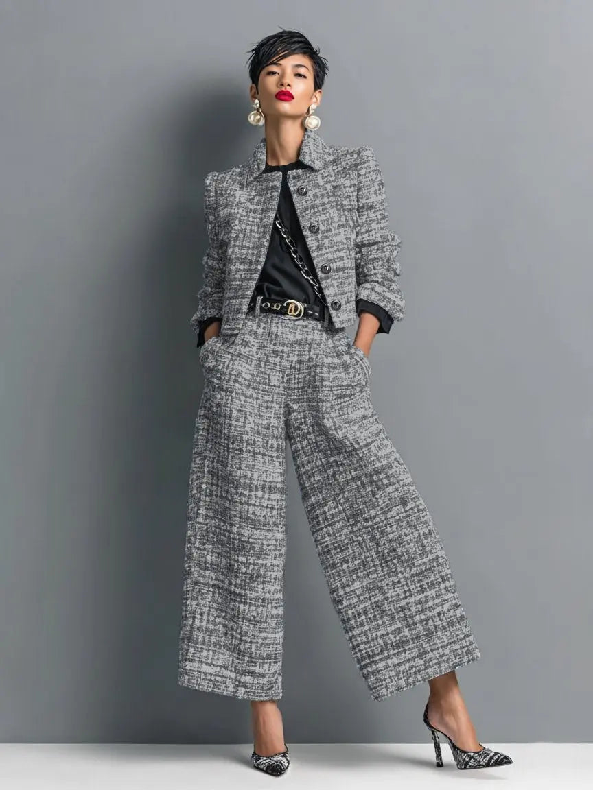 Marcelline | Tweed Cropped Blazer & Wide-Leg Trouser Set