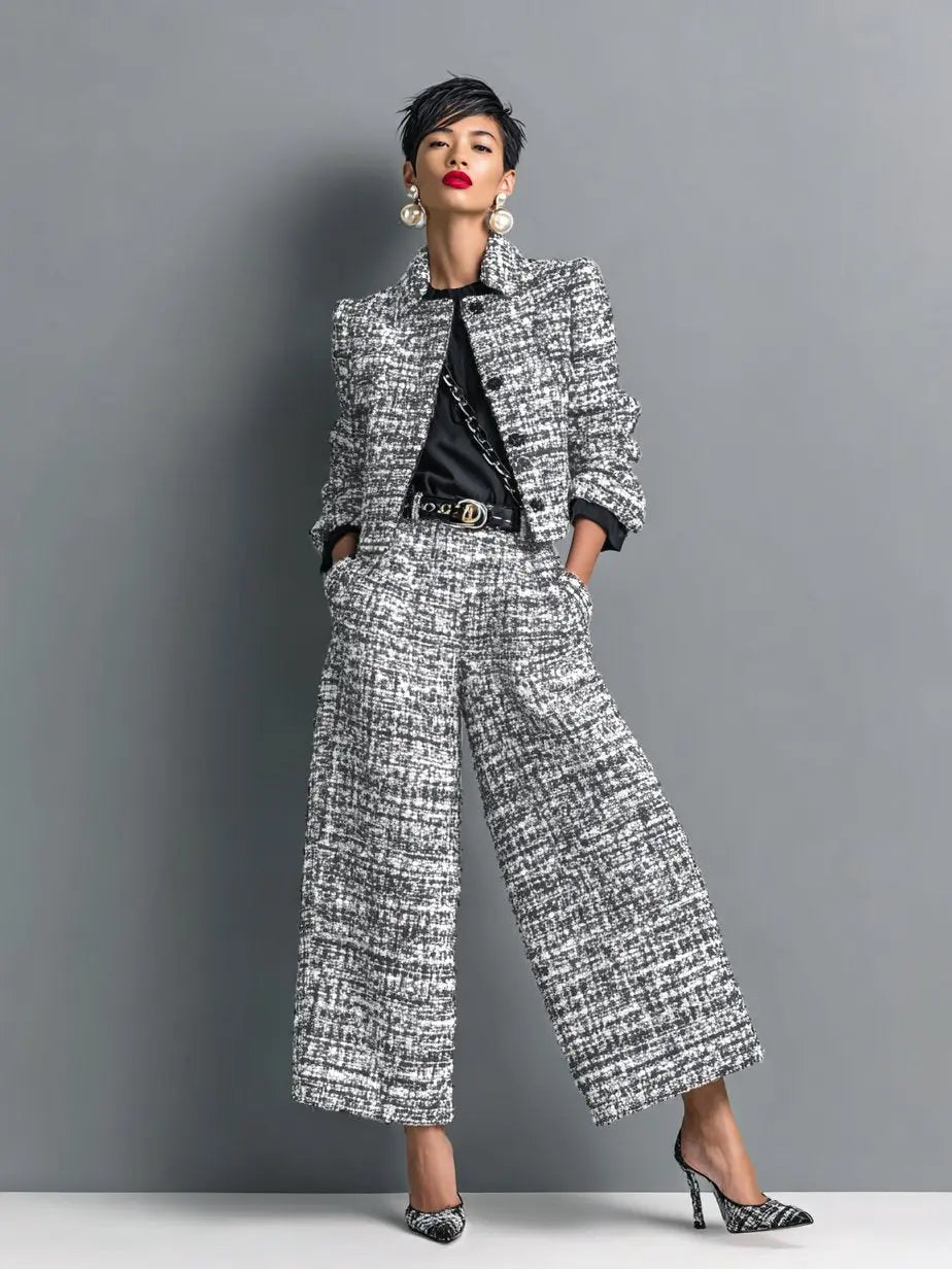 Marcelline | Tweed Cropped Blazer & Wide-Leg Trouser Set