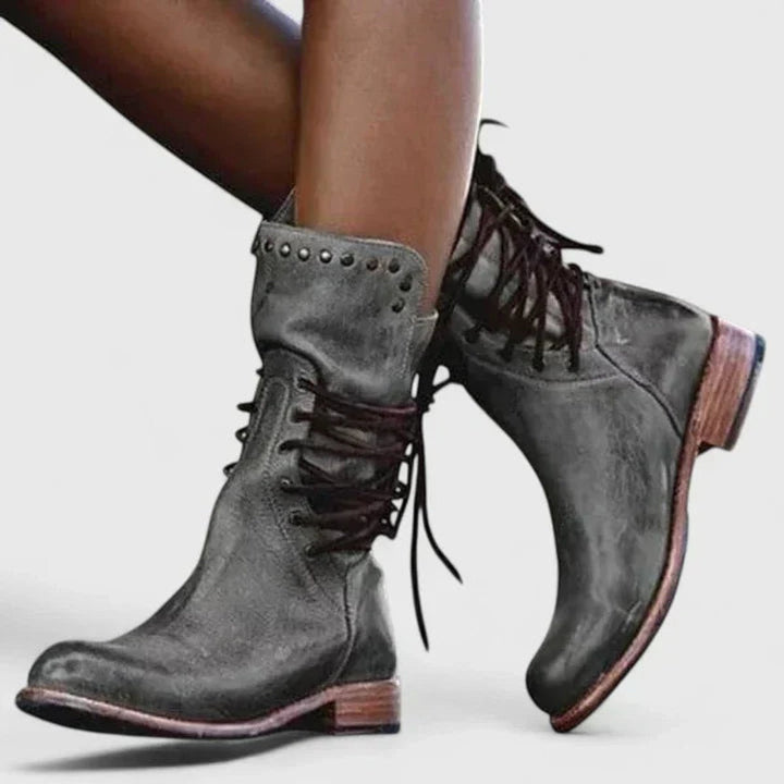 Costa | Women's Vintage Lace-Up Studded Knee High Boots Block Heel