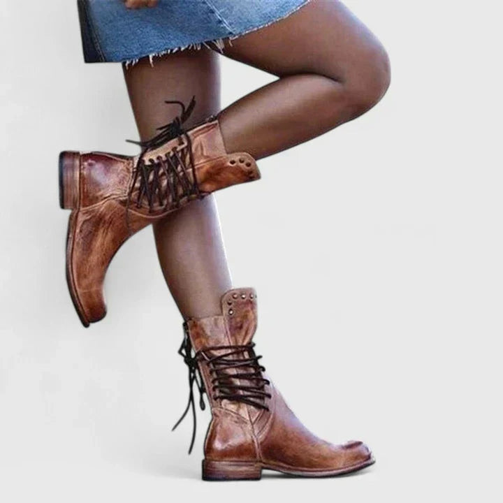 Costa | Women's Vintage Lace-Up Studded Knee High Boots Block Heel
