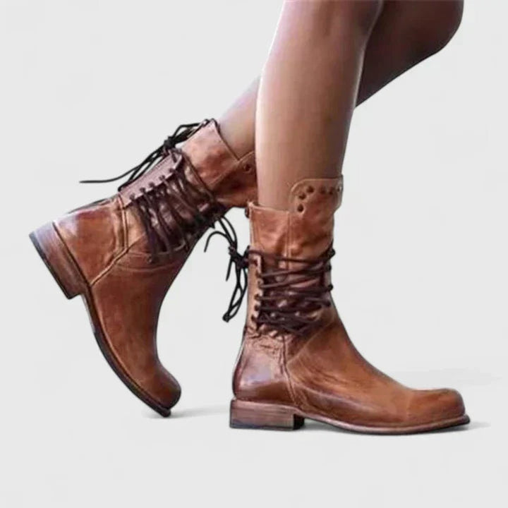 Costa | Women's Vintage Lace-Up Studded Knee High Boots Block Heel