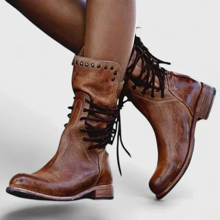 Costa | Women's Vintage Lace-Up Studded Knee High Boots Block Heel