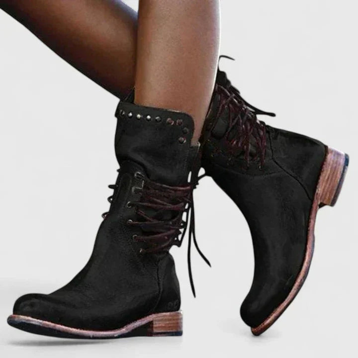 Costa | Women's Vintage Lace-Up Studded Knee High Boots Block Heel